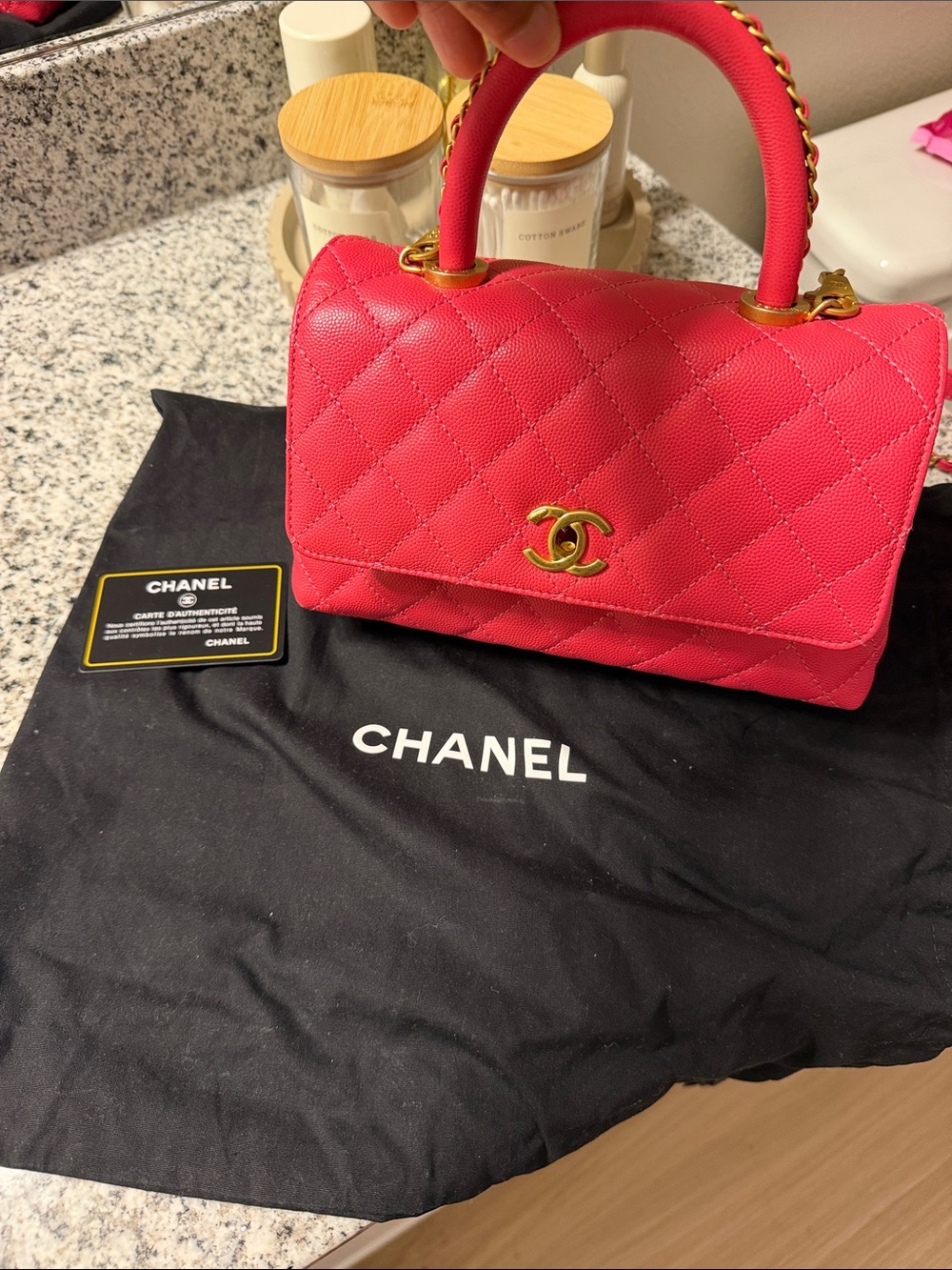 CHANEL Quilted Top-Handle Mini Bag in Hot Pink with Gold Hardware